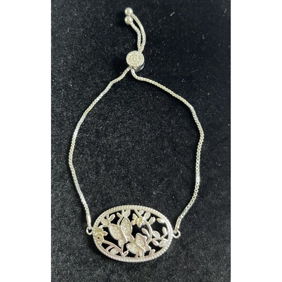 IBB Silver Tone Butterfly Floral Adjustable Slide Bolo Bracelet Faux Rhinestones - Picture 1 of 6